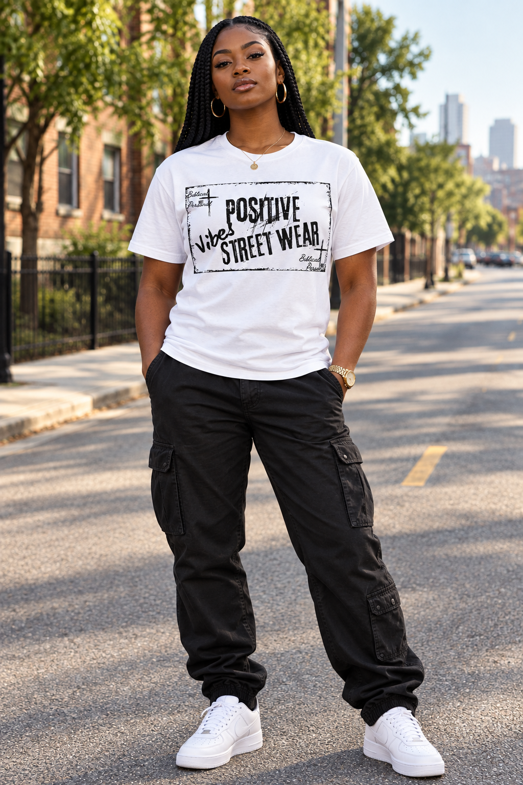 Female model wearing the Positive Vibes Street Wear design on a white tee