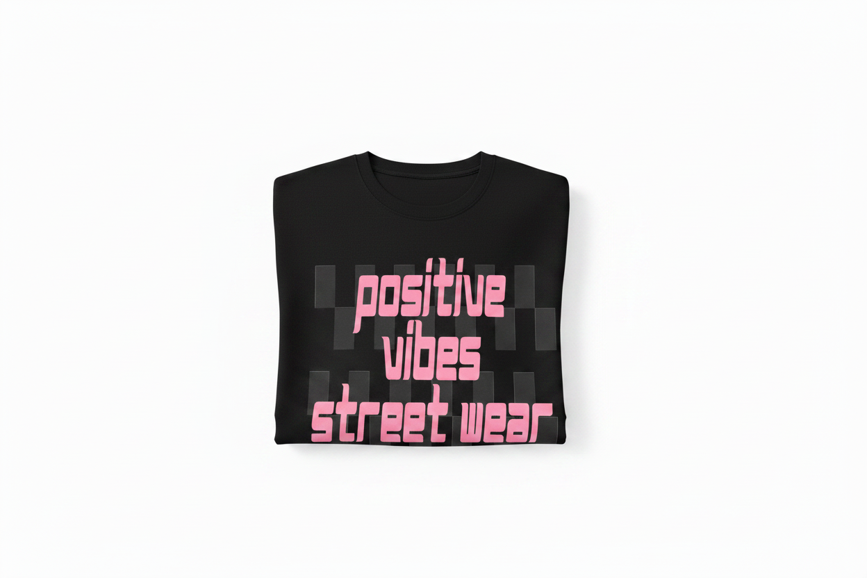 Positive Vibes Street Wear Black Tee — Folded on White